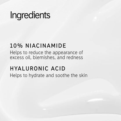 Text on a white background: The INKEY List™ Niacinamide Serum 30ml – This formula with 10% Niacinamide helps reduce excess oil, blemishes, and redness for acne-prone skin, while Hyaluronic Acid hydrates and soothes. Background shows subtle skincare texture. Brand: The Inkey List.