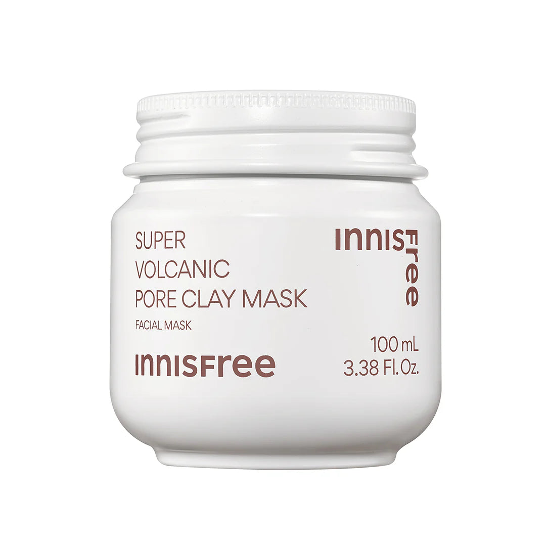 The INNISFREE Super Volcanic Pore Clay Mask 100ml, in a white jar with brown lettering, promises effective blackhead removal and sebum control.