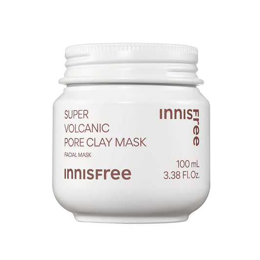 The INNISFREE Super Volcanic Pore Clay Mask 100ml, in a white jar with brown lettering, promises effective blackhead removal and sebum control.