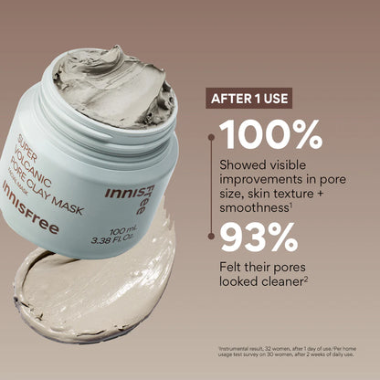 An open jar of INNISFREE Super Volcanic Pore Clay Mask reveals the clay inside. The text highlights its benefits: 100% saw pore size, skin texture, and smoothness improvements; 93% felt cleaner pores after one use. Enjoy effective blackhead removal and sebum control with every application.