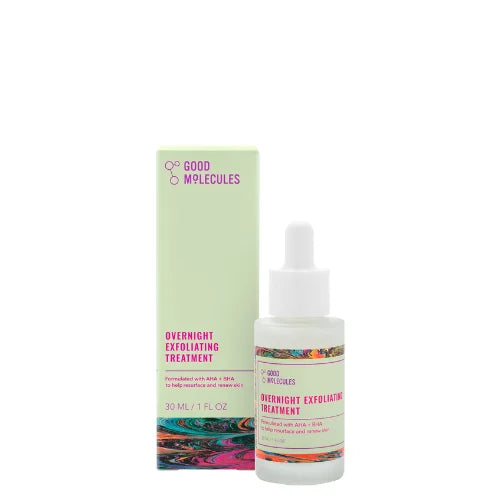 Good Molecules Overnight Exfoliating Treatment with AHA BHA. Resurfaces and renews skin, smooths texture, unclogs pores for a brighter complexion.