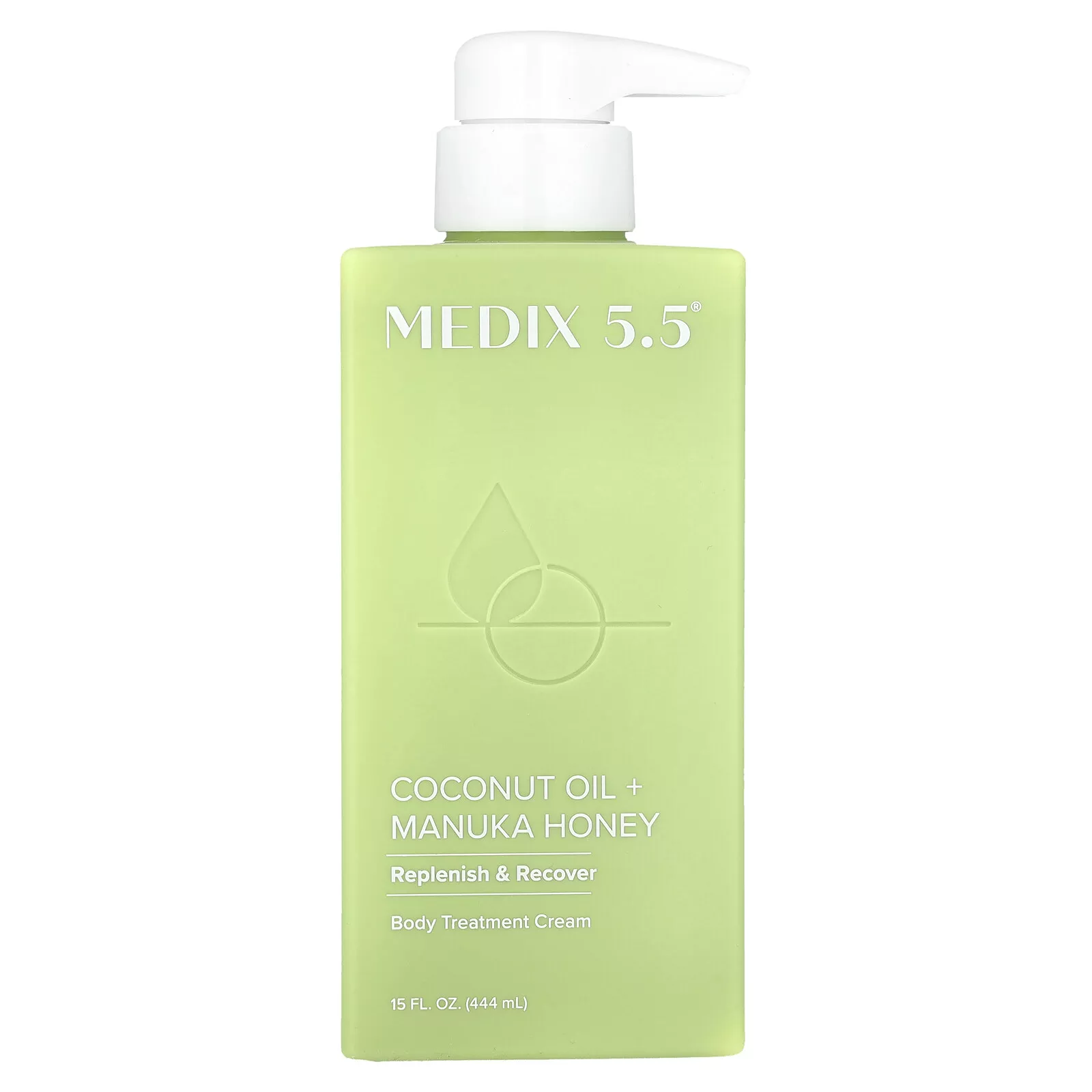 The MEDIX 5.5 Body Treatment Cream features Coconut Oil and Manuka Honey in a green bottle with a white pump, designed to Replenish & Recover. It contains 15 fl. oz. (444 mL) of moisturizing formula.