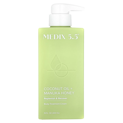 The MEDIX 5.5 Body Treatment Cream features Coconut Oil and Manuka Honey in a green bottle with a white pump, designed to Replenish & Recover. It contains 15 fl. oz. (444 mL) of moisturizing formula.