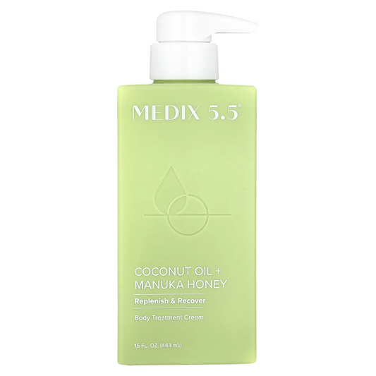 The MEDIX 5.5 Body Treatment Cream features Coconut Oil and Manuka Honey in a green bottle with a white pump, designed to Replenish & Recover. It contains 15 fl. oz. (444 mL) of moisturizing formula.