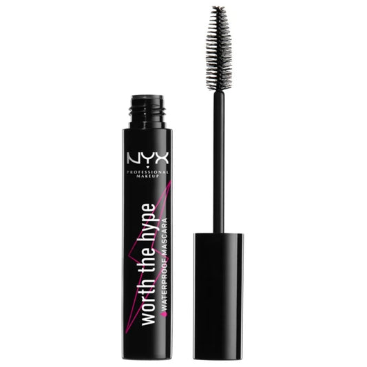 Black mascara with wand labeled 'Worth the Hype' by NYX Professional Makeup on a white background