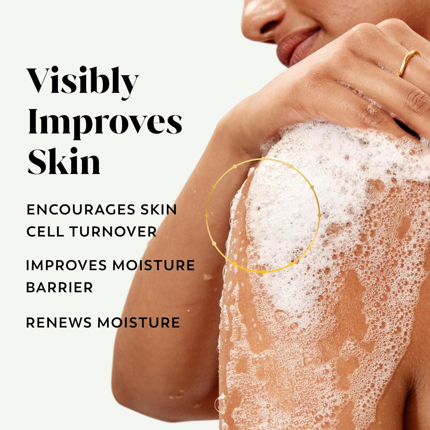 A person with smooth, soapy skin gently washes their shoulder with OLAY Vitamin C Body Wash - Tone Brightening, Vitamin C Serum Complex. Text reads: Visibly Improves Skin—Boosts Cell Turnover, Enhances Moisture Barrier, Renews Hydration.
