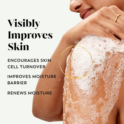 A person with smooth, soapy skin gently washes their shoulder with OLAY Vitamin C Body Wash - Tone Brightening, Vitamin C Serum Complex. Text reads: Visibly Improves Skin—Boosts Cell Turnover, Enhances Moisture Barrier, Renews Hydration.