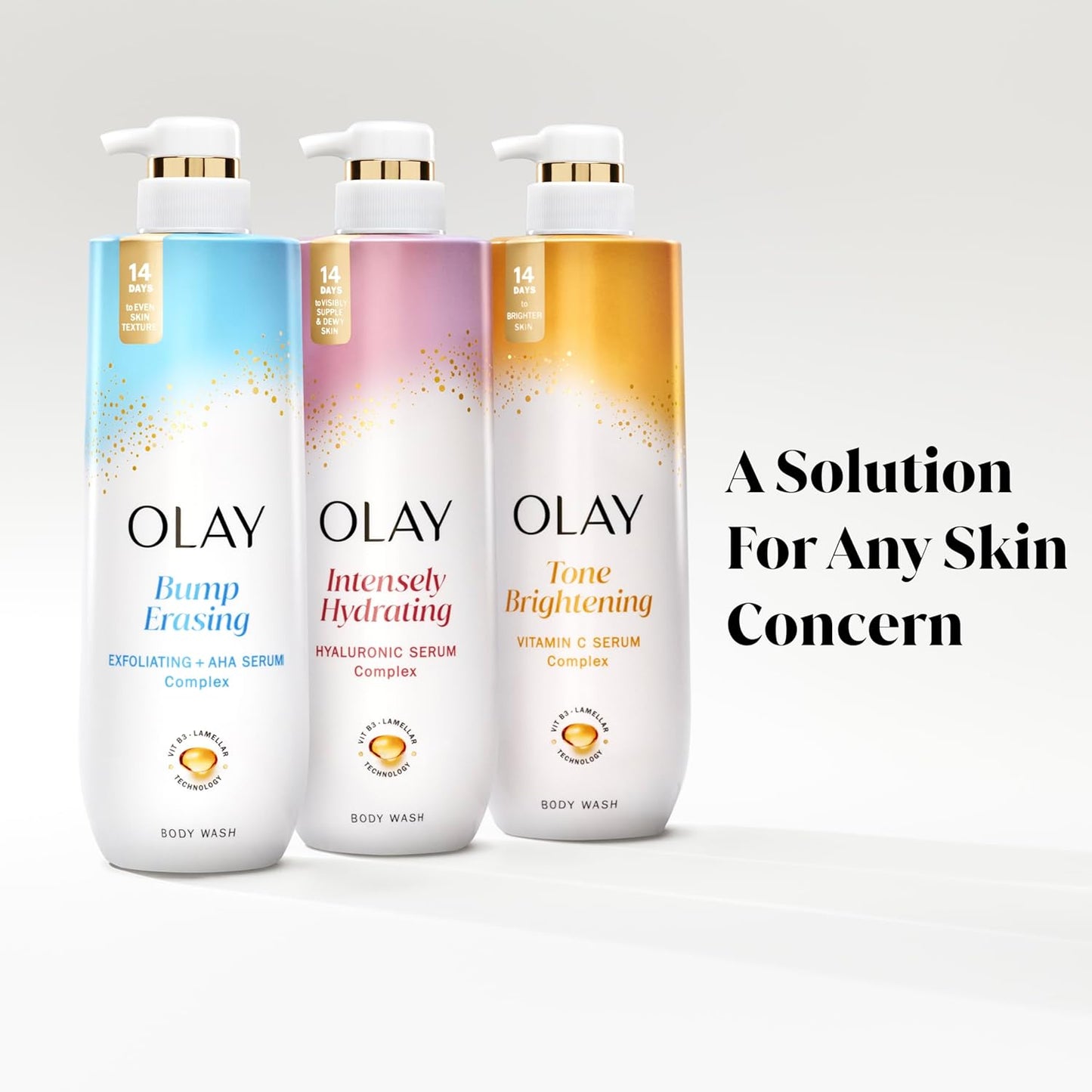 Three OLAY body wash bottles, including Olay Vitamin C Body Wash - Tone Brightening with Vitamin C Serum Complex, are arranged together. A Solution For Any Skin Concern appears over a minimal light background.