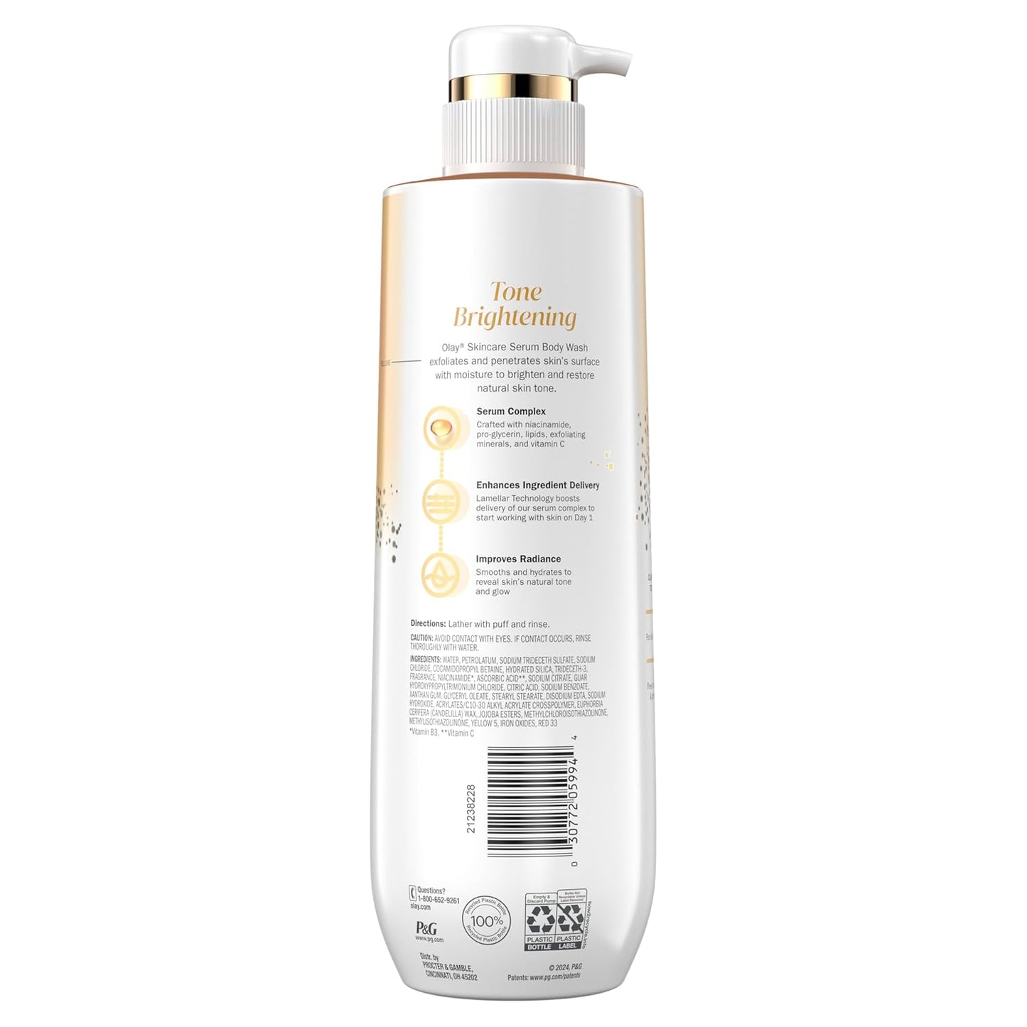 Back view of OLAY Vitamin C Body Wash - Tone Brightening, Vitamin C Serum Complex with a pump. The label, in gold and black on white, highlights benefits, Vitamin C Serum Complex, and usage directions.
