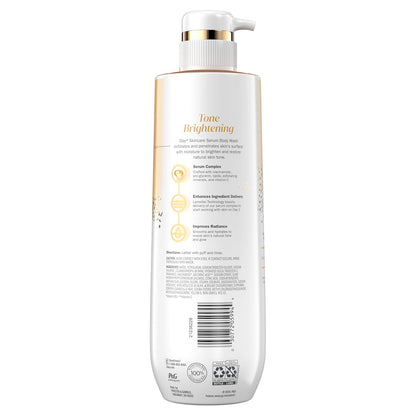 Back view of OLAY Vitamin C Body Wash - Tone Brightening, Vitamin C Serum Complex with a pump. The label, in gold and black on white, highlights benefits, Vitamin C Serum Complex, and usage directions.