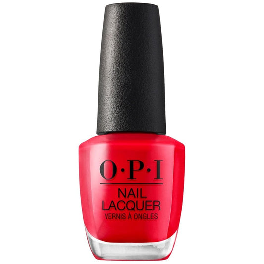 The OPI Cajun Shrimp Nail Polish 15ml is shown with a black cap and labeled NAIL LACQUER and VERNIS À ONCLES. This vibrant red, chip-resistant formula includes a ProWide Brush for flawless application.