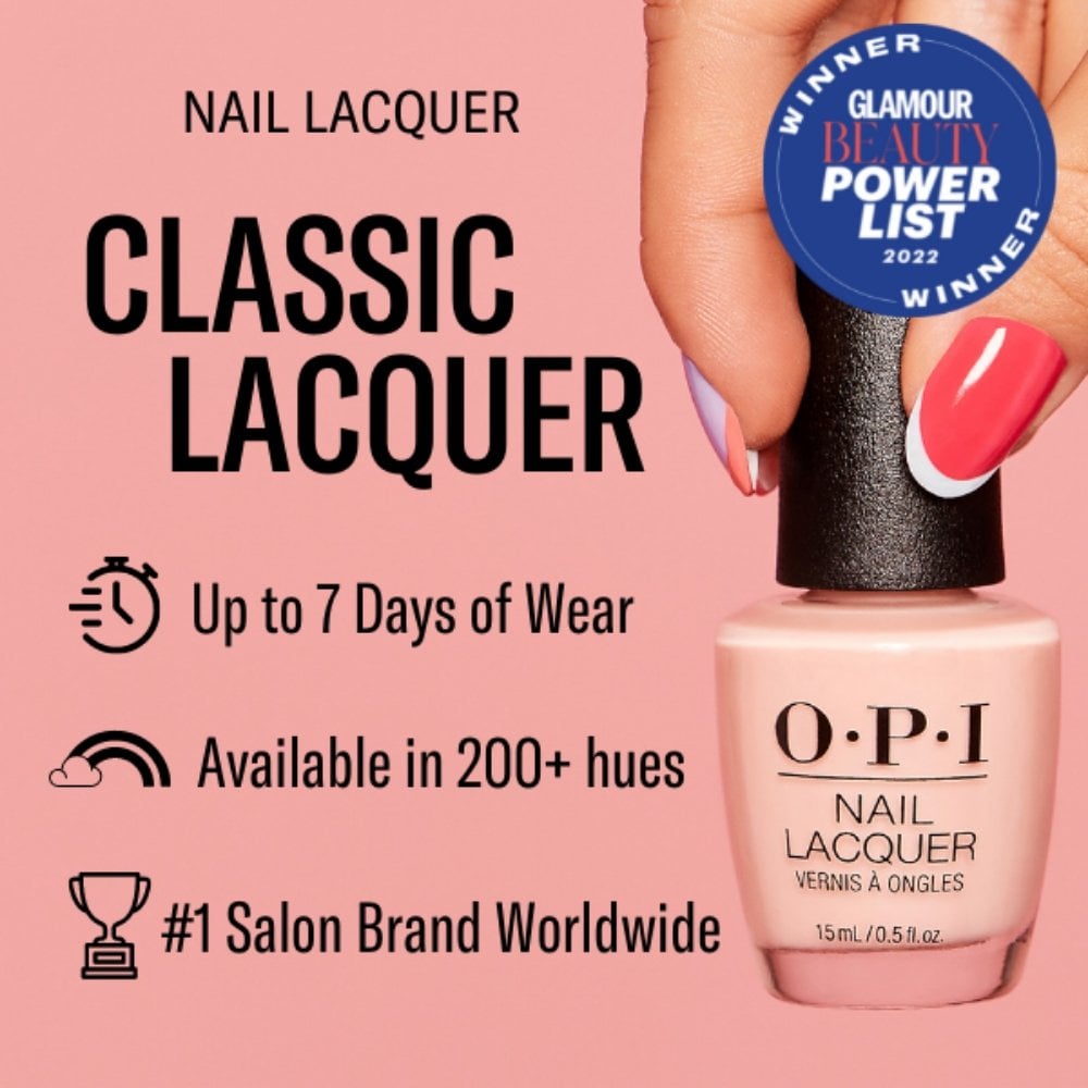 A hand holds a bottle of OPI Cajun Shrimp Nail Polish 15ml against a pink backdrop. Features include: chip-resistant formula lasting up to 7 days, over 200 colors, and a ProWide Brush. Its an awardee on the Glamour Beauty Power List 2022.