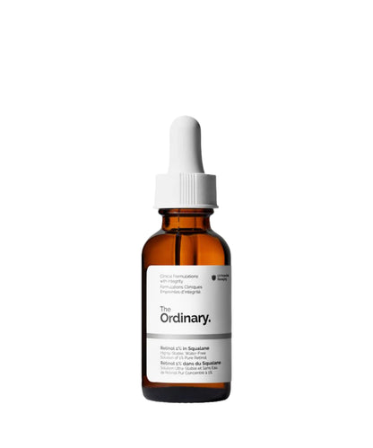 A brown glass dropper bottle of The Ordinary Retinol 1% In Squalane 30ml, an anti-ageing serum with a white label featuring black text. It has a white dropper cap and prominently displays the logo and product name on the front.