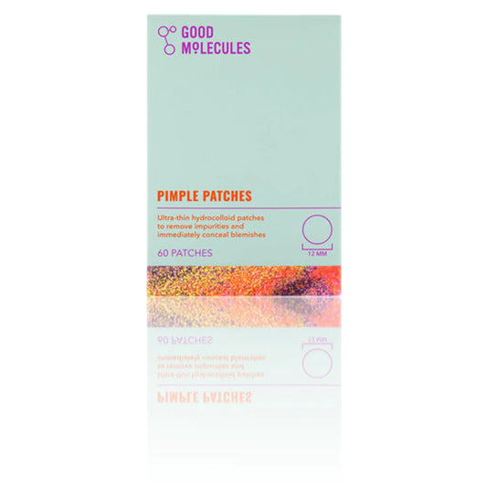 A box of Good Molecules Pimple Patches contains 60 ultra-thin hydrocolloid patches for effective blemish removal, featuring a light turquoise packaging with vibrant purple, yellow, and orange accents.