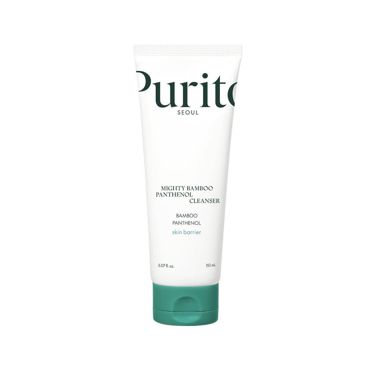 The Purito SEOUL Mighty Bamboo Panthenol Cleanser is presented in an upright white tube with green text and a matching cap. Featuring bamboo extract and panthenol, it aims to strengthen the skin barrier. The tube holds 150 ml.