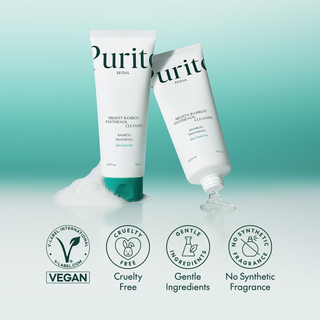 Two tubes of Purito SEOUL Mighty Bamboo Panthenol Cleanser are shown, one upright and one dispensing the gentle formula. Icons indicate its vegan, cruelty-free, contains bamboo extract, and has no synthetic fragrance. The background features a teal gradient.