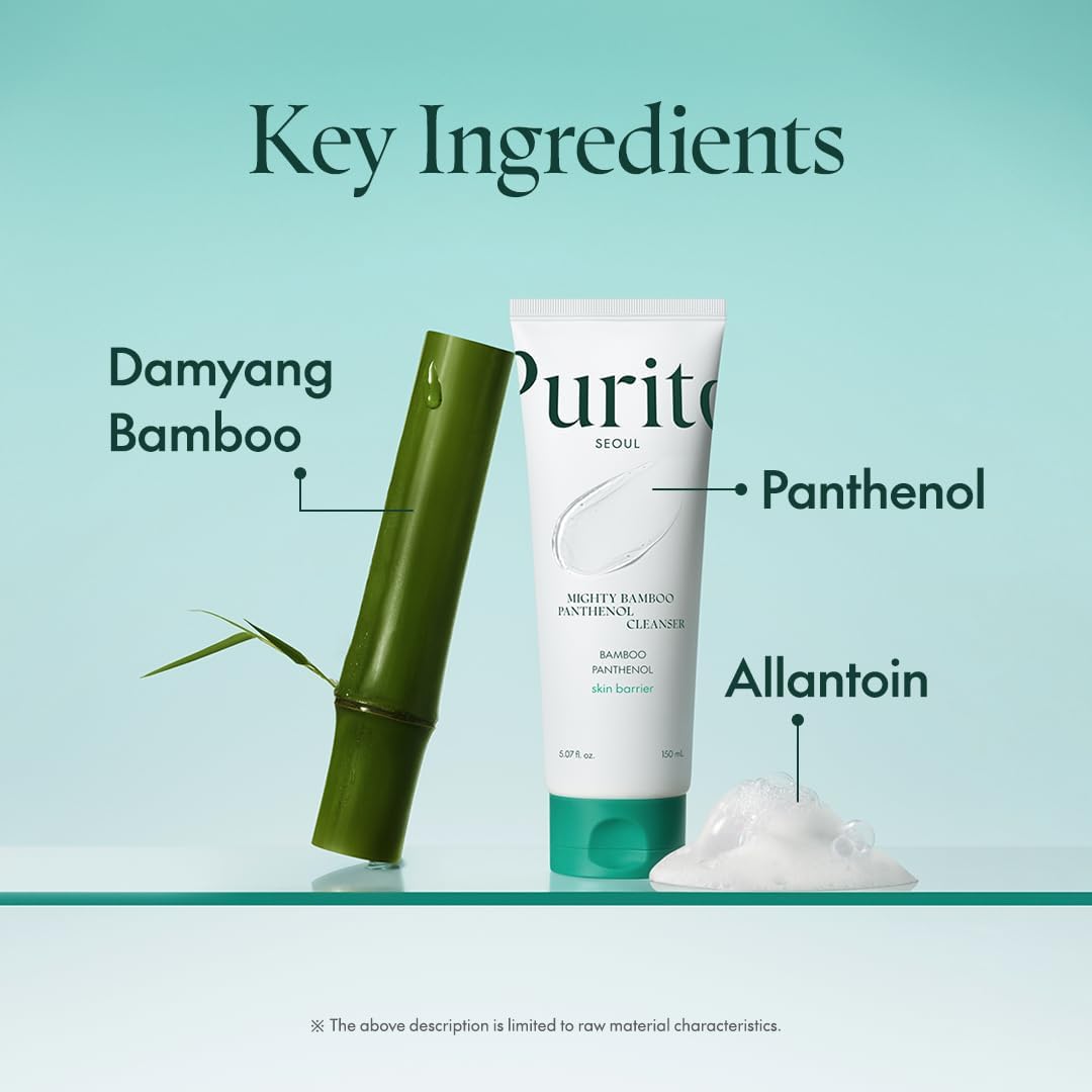 An image showcases the Purito Seoul Mighty Bamboo Panthenol Cleanser by Purito SEOUL, set against a gentle green background with Damyang bamboo, symbolizing purity. Featuring key ingredients like bamboo extract, panthenol, and allantoin, it highlights the cleansers gentle power.