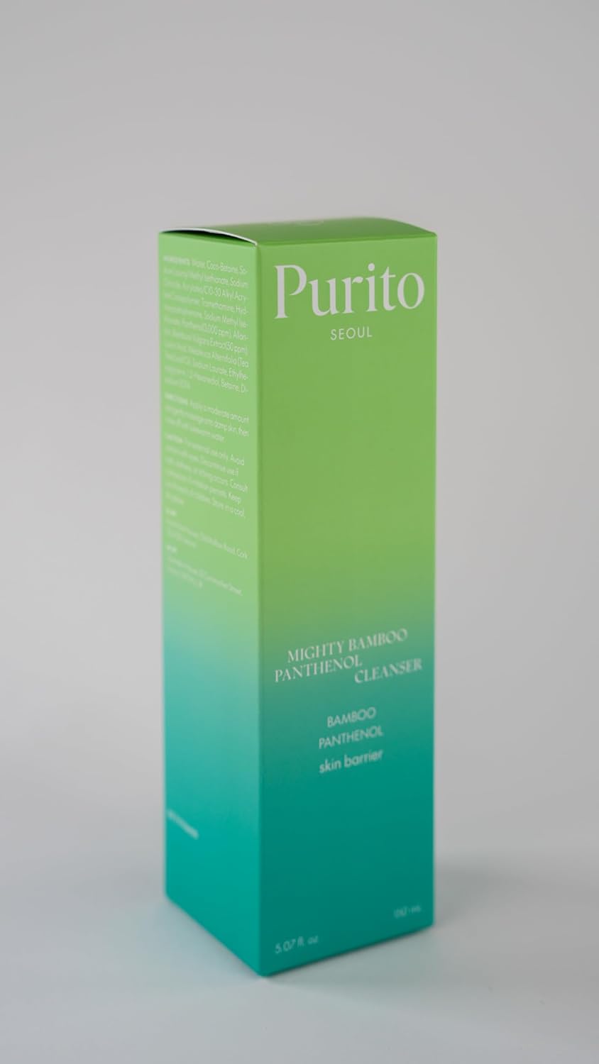 A box with a green to blue gradient shows the Purito SEOUL Mighty Bamboo Panthenol Cleanser, highlighting its gentle formula with bamboo extract, panthenol, and skin barrier benefits.