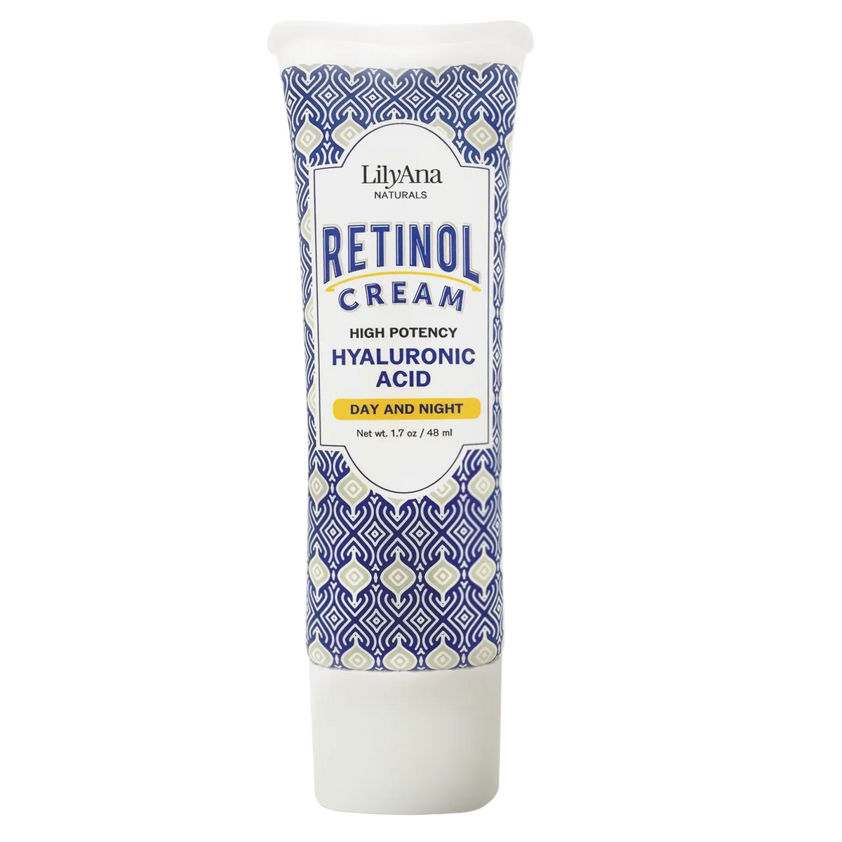 Tube of LilyAna Retinol Cream with blue and white pattern on a white background