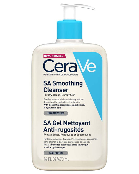 A 16 fl oz (473 ml) bottle of CeraVe SA Smoothing Cleanser with Salicylic Acid and Ceramides, fragrance-free, for dry, rough or bumpy skin. Blue pump, with English and French label. Brand: CeraVe.