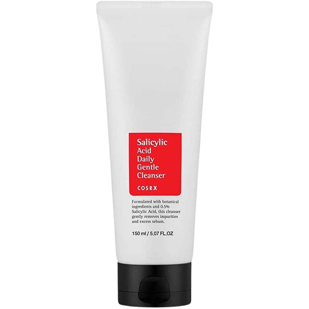 The COSRX Salicylic Acid Daily Gentle Cleanser, in a white tube with a red label, is perfect for acne-prone skin. This 150 ml/5.07 fl. oz cleanser combines botanical ingredients with 0.5% salicylic acid to gently and effectively target impurities.