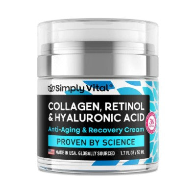 A jar of Simply Vital Collagen, Retinol & Hyaluronic Acid Anti-Aging & Recovery Cream. The packaging features a sleek silver and blue design with bold black and white labeling. The jar indicates it is "Proven by Science" and "Made in the USA, Globally Sourced."