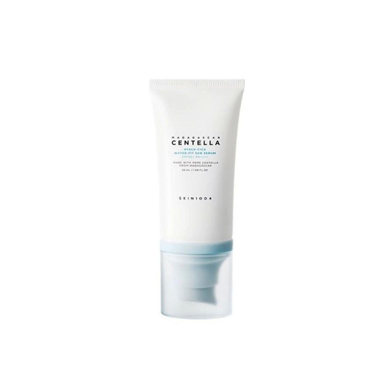  SKIN1004 Madagascar Centella Hyalu-Cica Water-Fit Sun Serum SPF50+ in a sleek white tube with a blue cap, designed for lightweight sun protection