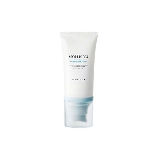  SKIN1004 Madagascar Centella Hyalu-Cica Water-Fit Sun Serum SPF50+ in a sleek white tube with a blue cap, designed for lightweight sun protection