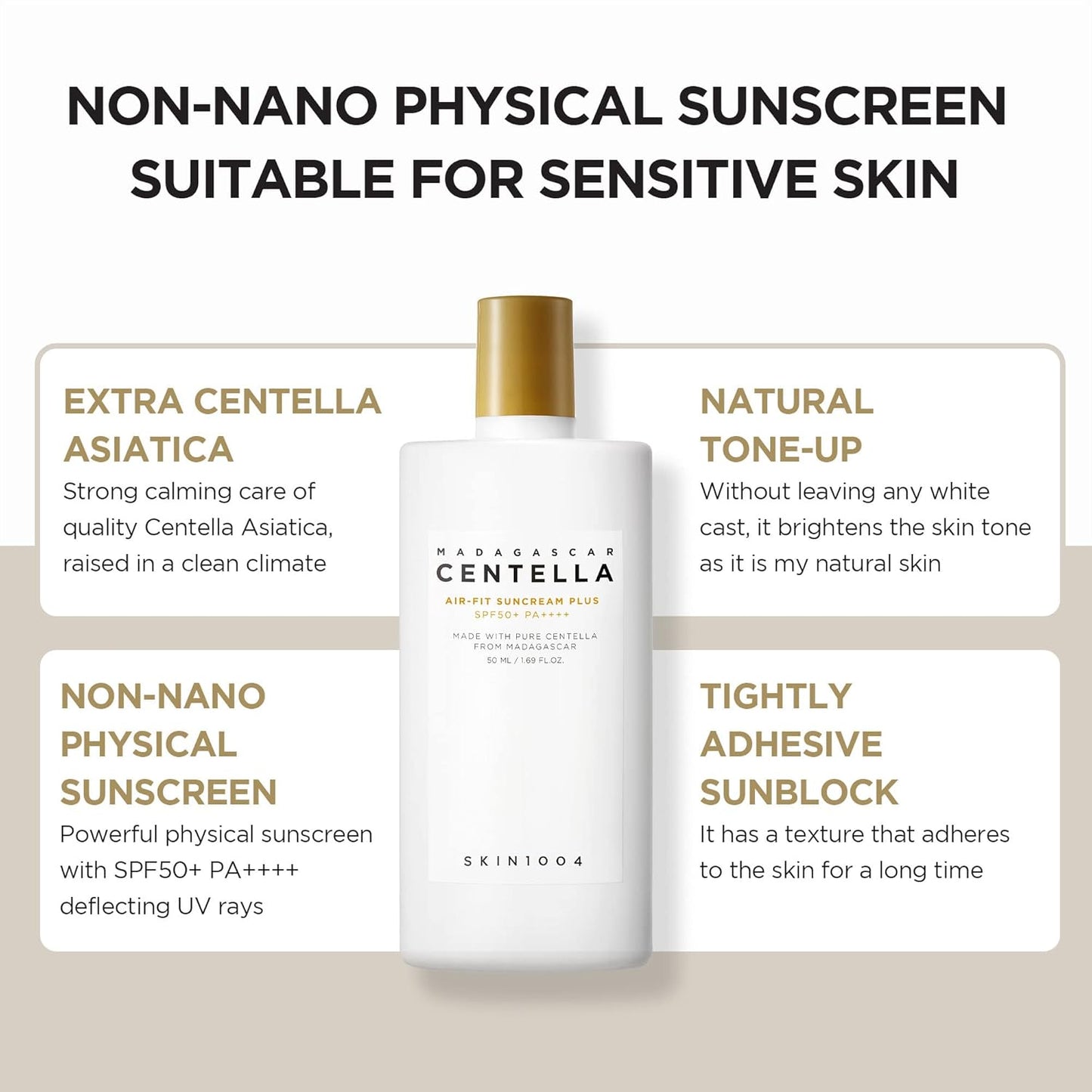 SKIN1004 Centella Air-Fit Suncream Plus infographic, highlighting its SPF50+, non-nano formula, natural tone-up effect, and long-lasting skin adhesion.
