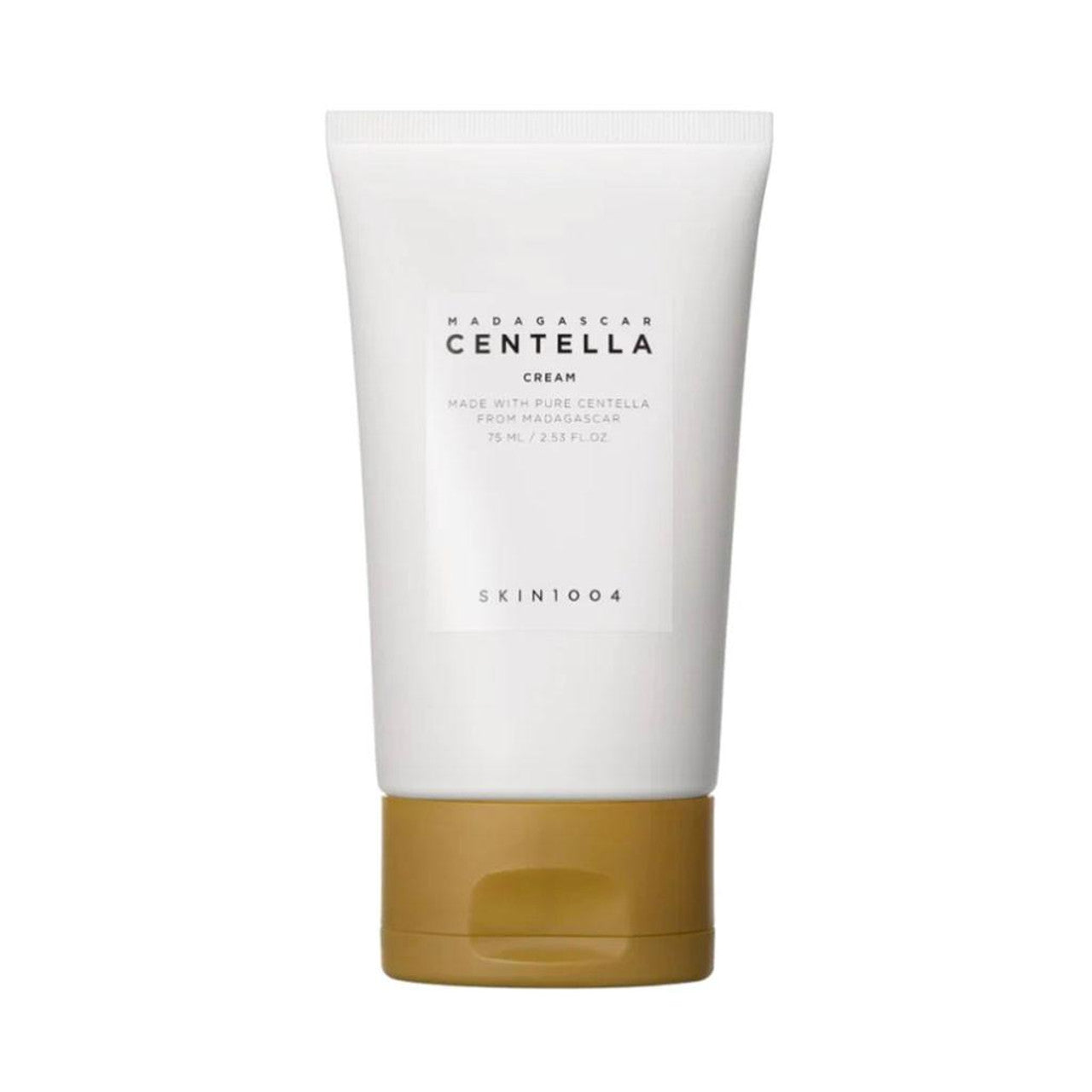 The SKIN1004 Madagascar Centella Cream tube standing upright against a clean, white background, highlighting its minimalist design and branding