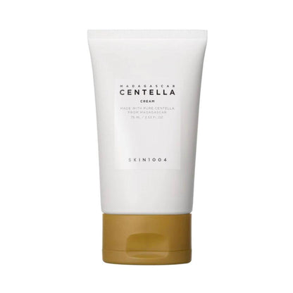 The SKIN1004 Madagascar Centella Cream tube standing upright against a clean, white background, highlighting its minimalist design and branding