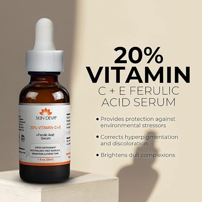 A 30ML bottle of SKIN DEVA 20% Vitamin C + E with Ferulic Acid Serum elegantly sits on display, celebrated for its antioxidant benefits that shield against environmental stressors while correcting hyperpigmentation and brightening dull skin.