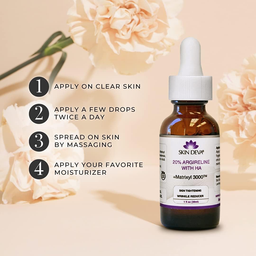 Skin Deva serum bottle with usage instructions on a floral background