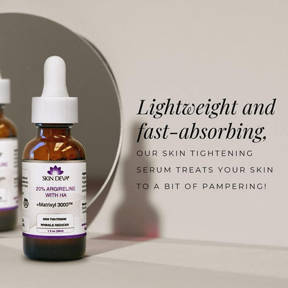 Skin tightening serum bottle with dropper on a neutral background