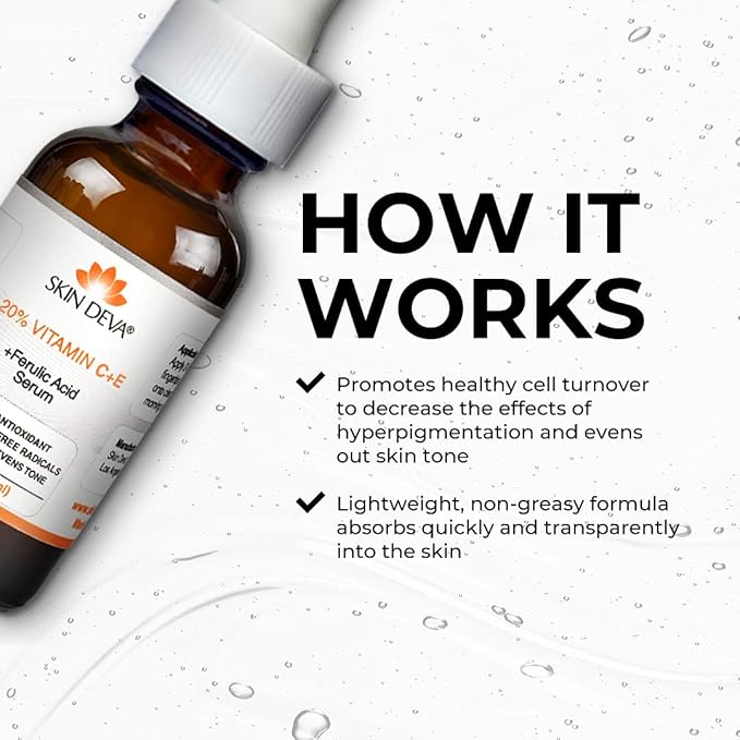 A SKIN DEVA 20% Vitamin C + E with Ferulic Acid Serum 30ML bottle is shown on a white background. The text, How it Works, highlights benefits like promoting healthy cell turnover, treating hyperpigmentation, and its lightweight, non-greasy formula ideal for antioxidant skincare routines.