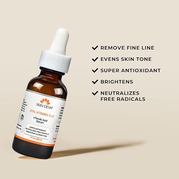 A SKIN DEVA 20% Vitamin C + E with Ferulic Acid Serum 30ML bottle is set against a light background. Text showcases its benefits: reducing fine lines, evening skin tone, brightening skin, neutralizing free radicals, and treating hyperpigmentation as an antioxidant skincare hero.