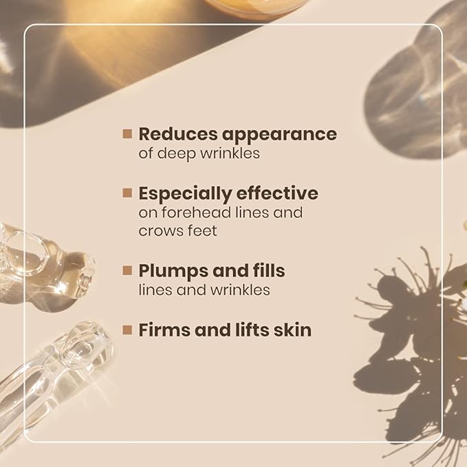 A beige ad showcases SKIN DEVAs 20% Vitamin C + E with Ferulic Acid Serum, highlighting its ability to reduce deep wrinkles, smooth forehead lines and crows feet, lift skin, and target hyperpigmentation. Transparent ampoules are prominently displayed.
