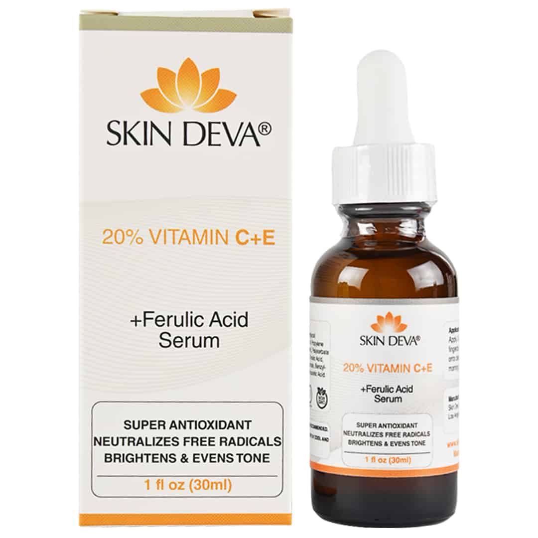 A SKIN DEVA 20% Vitamin C + E with Ferulic Acid Serum 30ML bottle is shown beside its box, highlighting its use as a potent hyperpigmentation treatment. It features antioxidants that neutralize free radicals, brightening and evening skin tone.