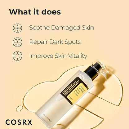 The COSRX Snail Mucin 96% Power Repairing Essence 3.38 OZ/100ML rests on a light yellow backdrop, promoting its benefits: Soothe Damaged Skin, Repair Dark Spots, and Improve Skin Vitality using snail secretion filtrate.