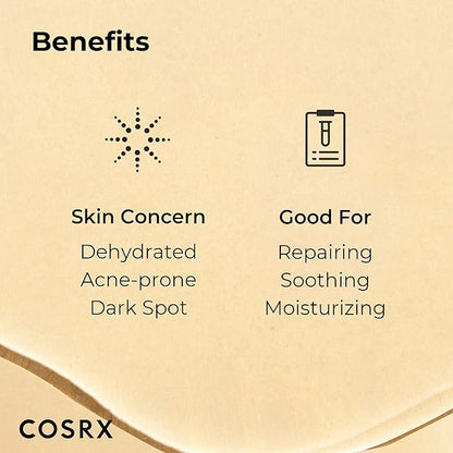 A beige graphic showcases the skincare benefits of COSRX Snail Mucin 96% Power Repairing Essence. Skin Concern: Dehydrated, Acne-prone, Dark Spots appears with a star icon, while Good For: Repairing, Soothing, Moisturizing featuring snail secretion filtrate is noted with a dropper icon.