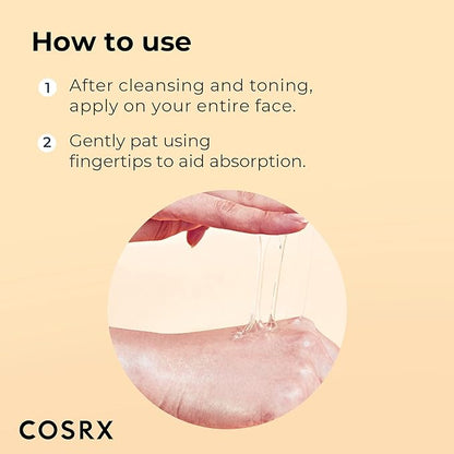 Instructions for using COSRX Snail Mucin 96% Power Repairing Essence: Step 1: After cleansing and toning, apply the serum with snail secretion filtrate on your face. Step 2: Gently pat with fingertips for absorption. Image shows the products stretching gel texture on a persons hand.