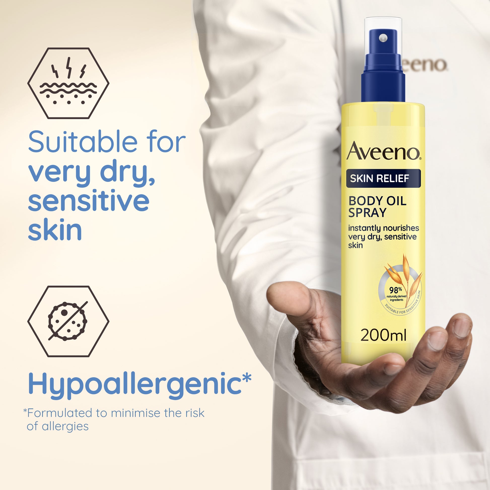 A close-up shows a person in a white coat holding AVEENO® Skin Relief Body Oil Spray 200ml, enriched with oat oil. Text states Suitable for very dry, sensitive skin and Hypoallergenic* *Formulated to minimize allergy risk.