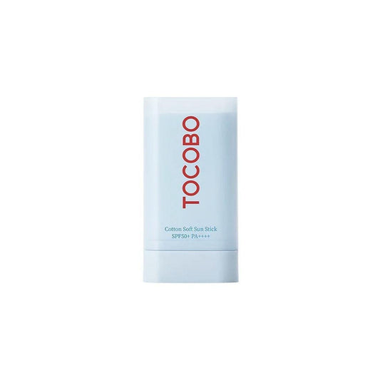 The Tocobo Cotton Soft Sun Stick SPF50+ PA++++, a blue vegan sun stick, is labeled TOCOBO in striking red. It stands out against a plain white background.