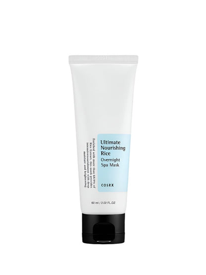 The COSRX Ultimate Nourishing Rice Overnight Spa Mask (60ml) has a minimalist white tube with a light blue label. Enriched with rice extract, this mask provides moisturizing and brightening effects for radiant skin by morning.